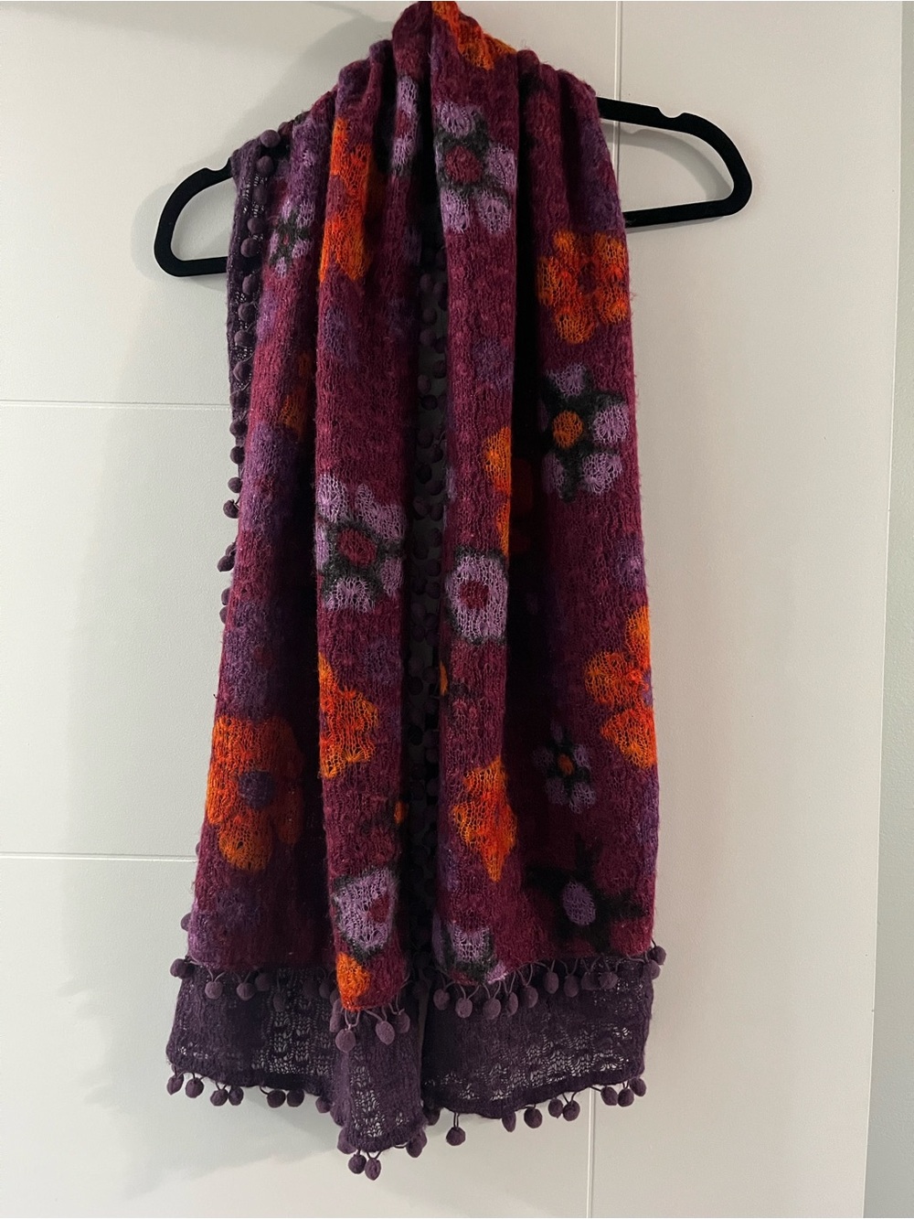 Women’s Floral Pom-Pom Scarf Wrap in Plum and Orange